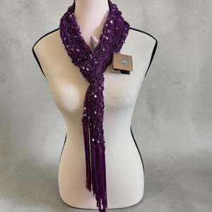American Glamour Badgley Mischka Sequin Crochet Fringe Scarf Style #BM9166